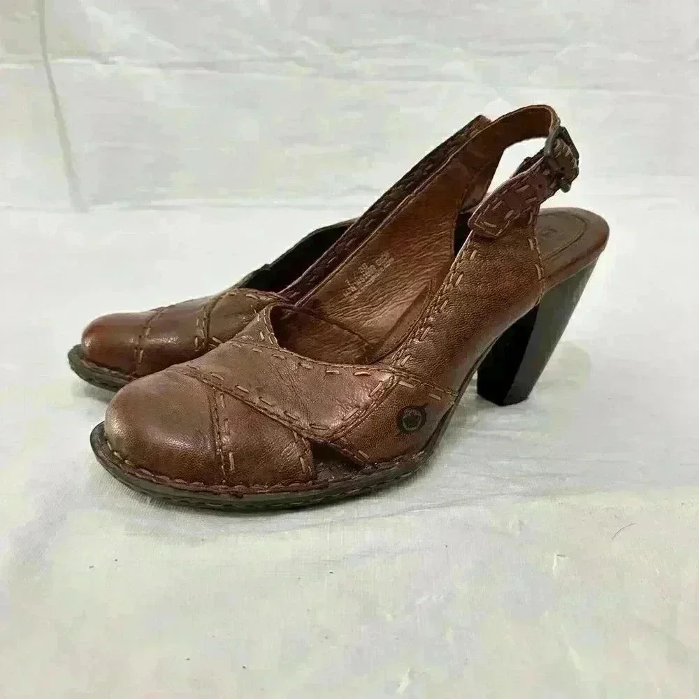 Born Brown Leather Closed Toe Slingback Heels Pumps Shoes Womens Sz 7 - Picture 2 of 7